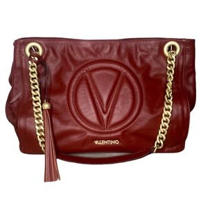 Valentino Italy Verra Signature Maroon Leather Chain/Leather Strap V Front Tote